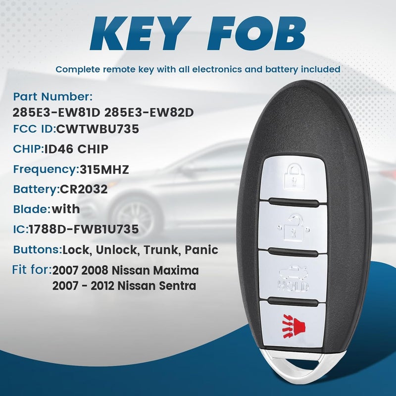 Keyecu Replacement Smart Remote Car Key Fob for Nissan Maxima 2007 2008 Sentra 2007-2012 CWTWBU735 285E3-EW81D 285E3-EW82D 315MHz ID46 Chip 4Buttons - Image 2
